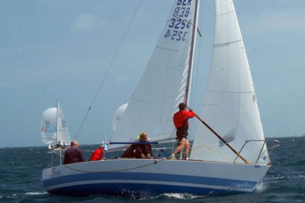 Tim Lynch's J24, Erin, pictured before sinking in the Great Sound during yesterday's racing in the International Race Week regatta.